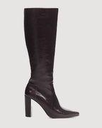 Veronica De Piante Anouk high boots in burgundy patent leather, stylish women's shoes with a sleek finish and pointed toe.