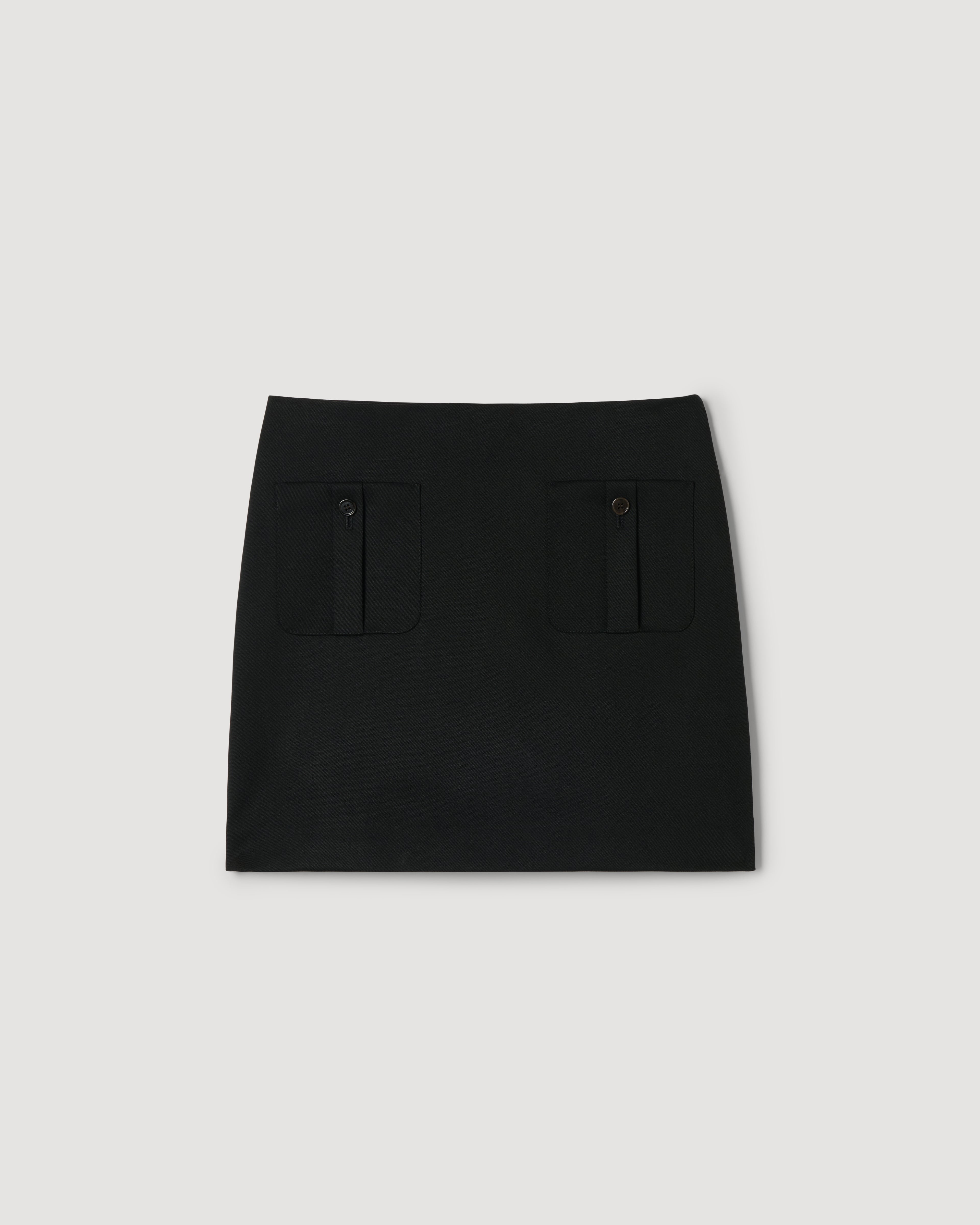 Black Sabine skirt by Veronica De Piante made of stretch wool twill, shown on a model.