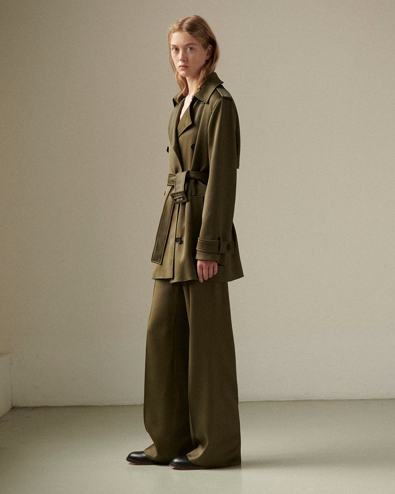 Women's luxury olive green double-breasted belted trench jacket and wide-leg trousers set