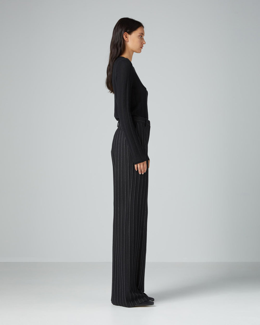 Anya Trouser in Wool, Black Pinstripe