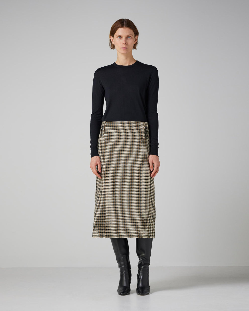 Nova Skirt in Wool, Brown Houndstooth