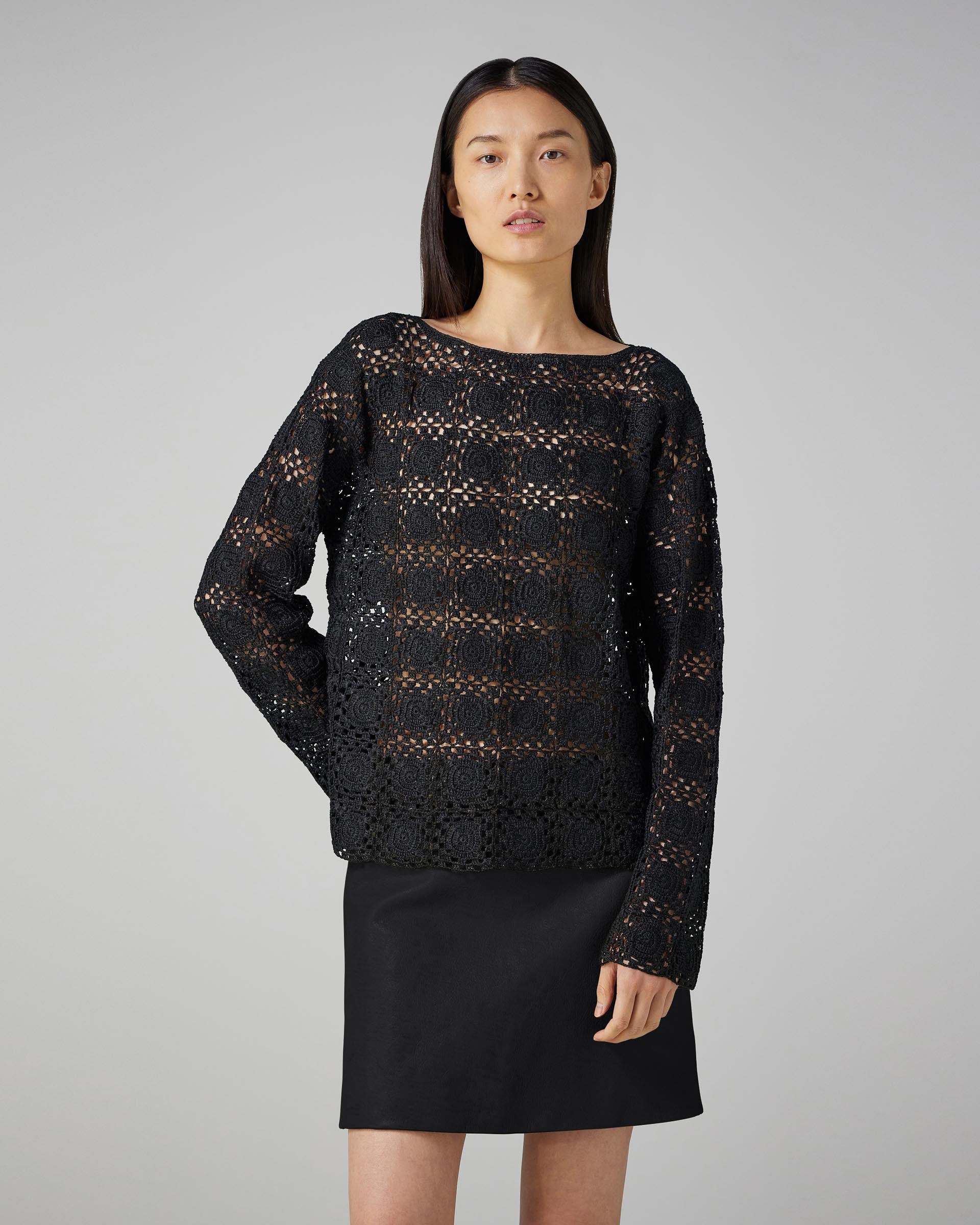 Elodie Crochet Top in Silk, Black