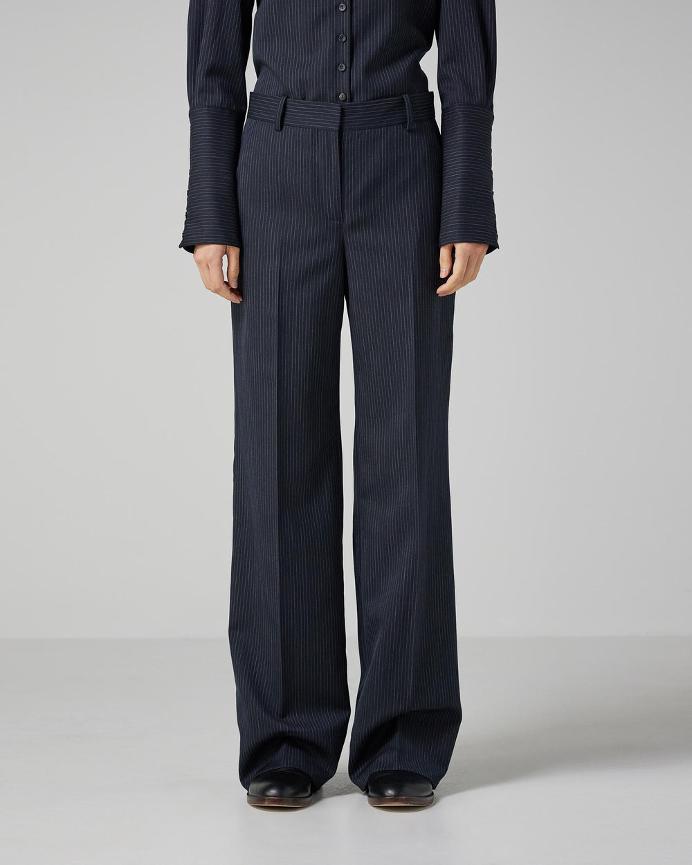 Anya Trousers in Wool, Navy Pinstripe