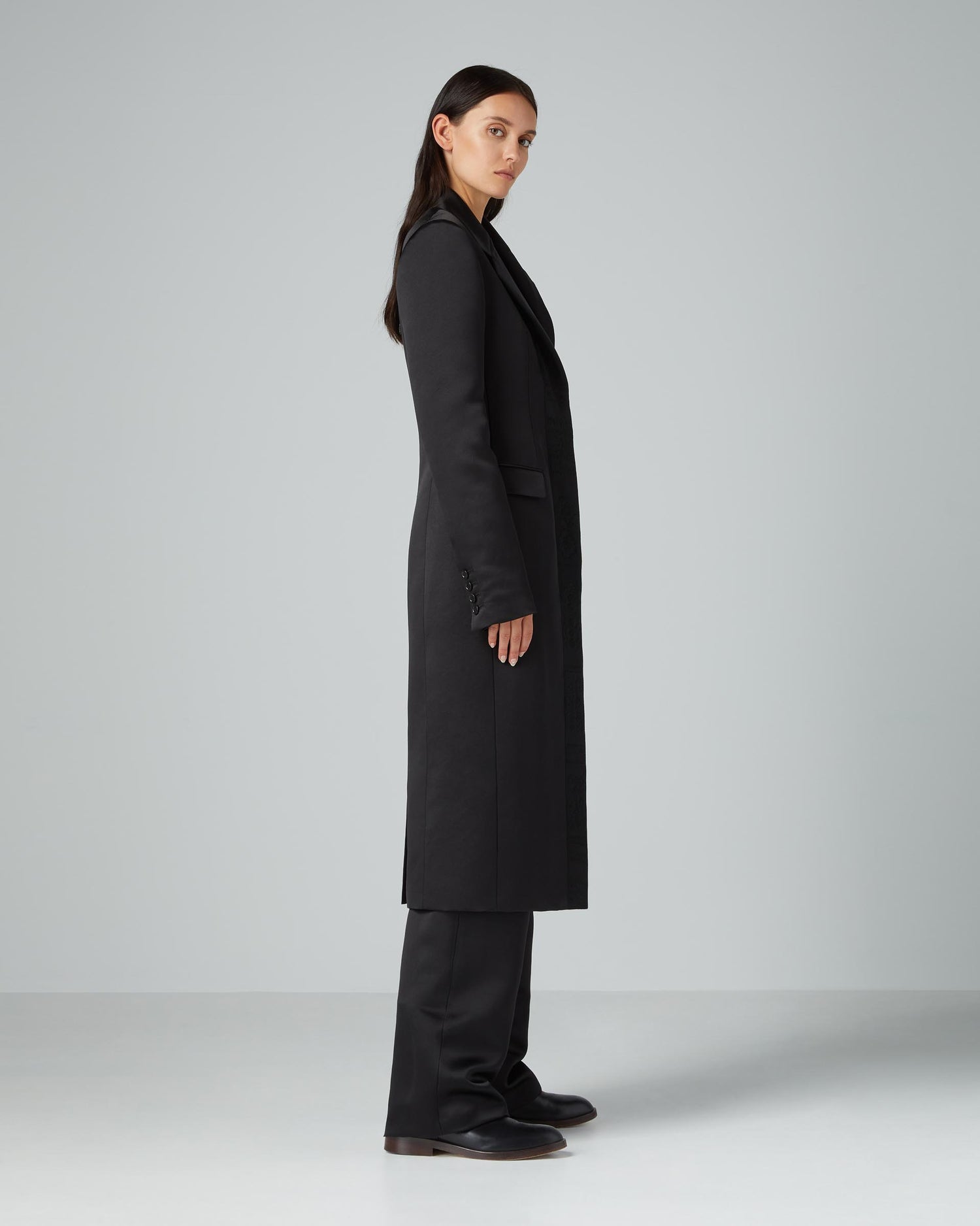 Freya Coat in Duchess Silk, Black