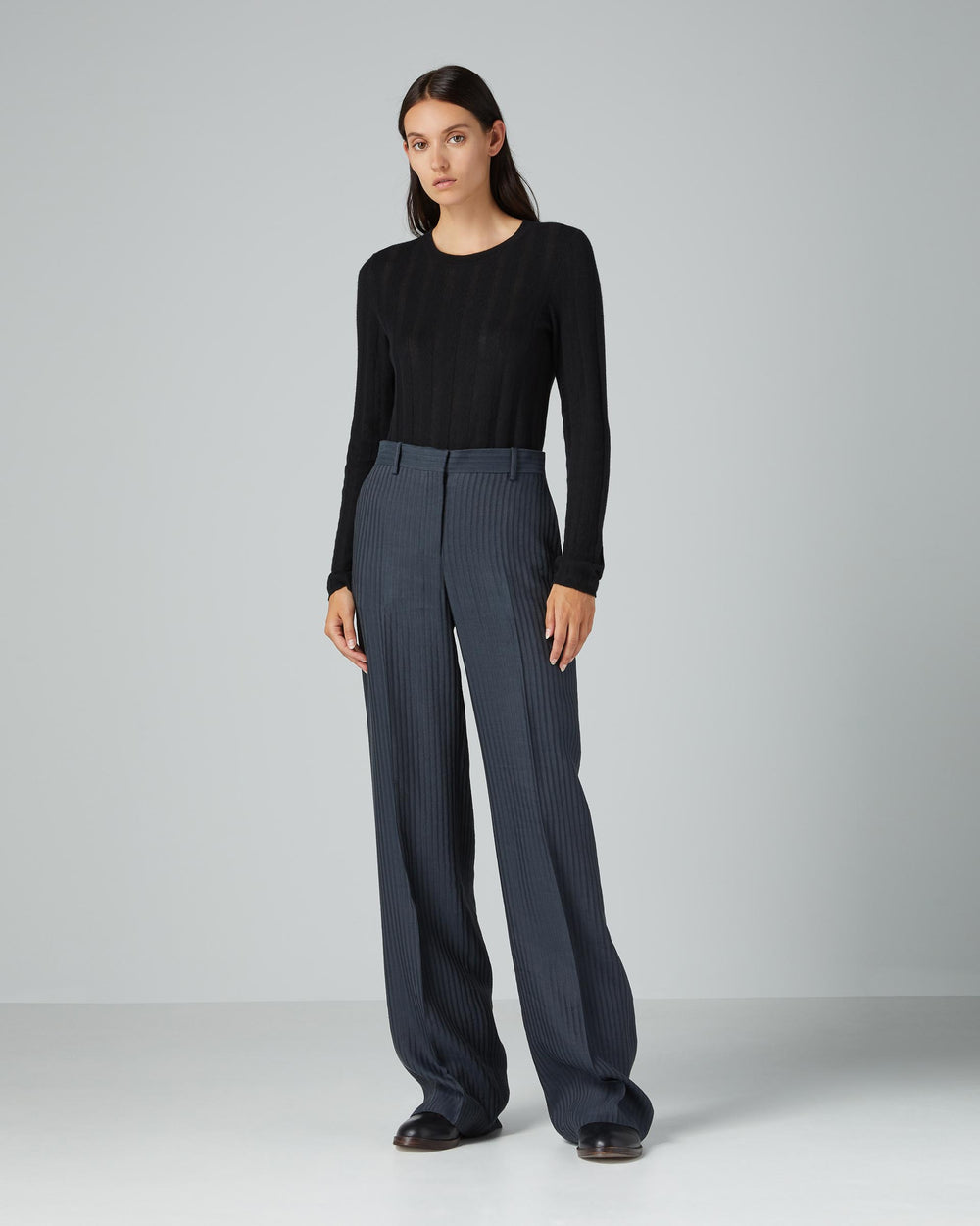 Anya Trouser in Striped Jacquard, Navy