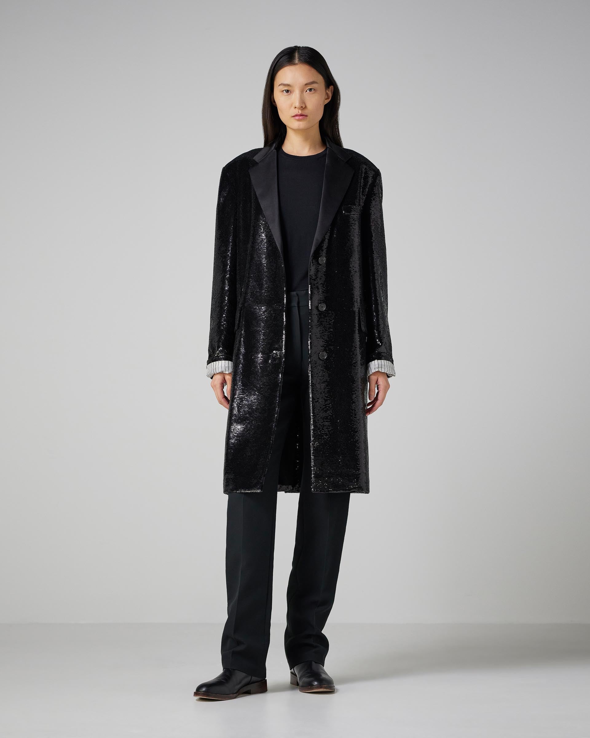 Black Arlo Coat by SALE featuring flat sequins, showcasing a stylish design and elegant texture.