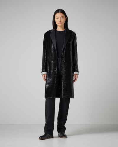 Black Arlo Coat by SALE featuring flat sequins, showcasing a stylish design and elegant texture.