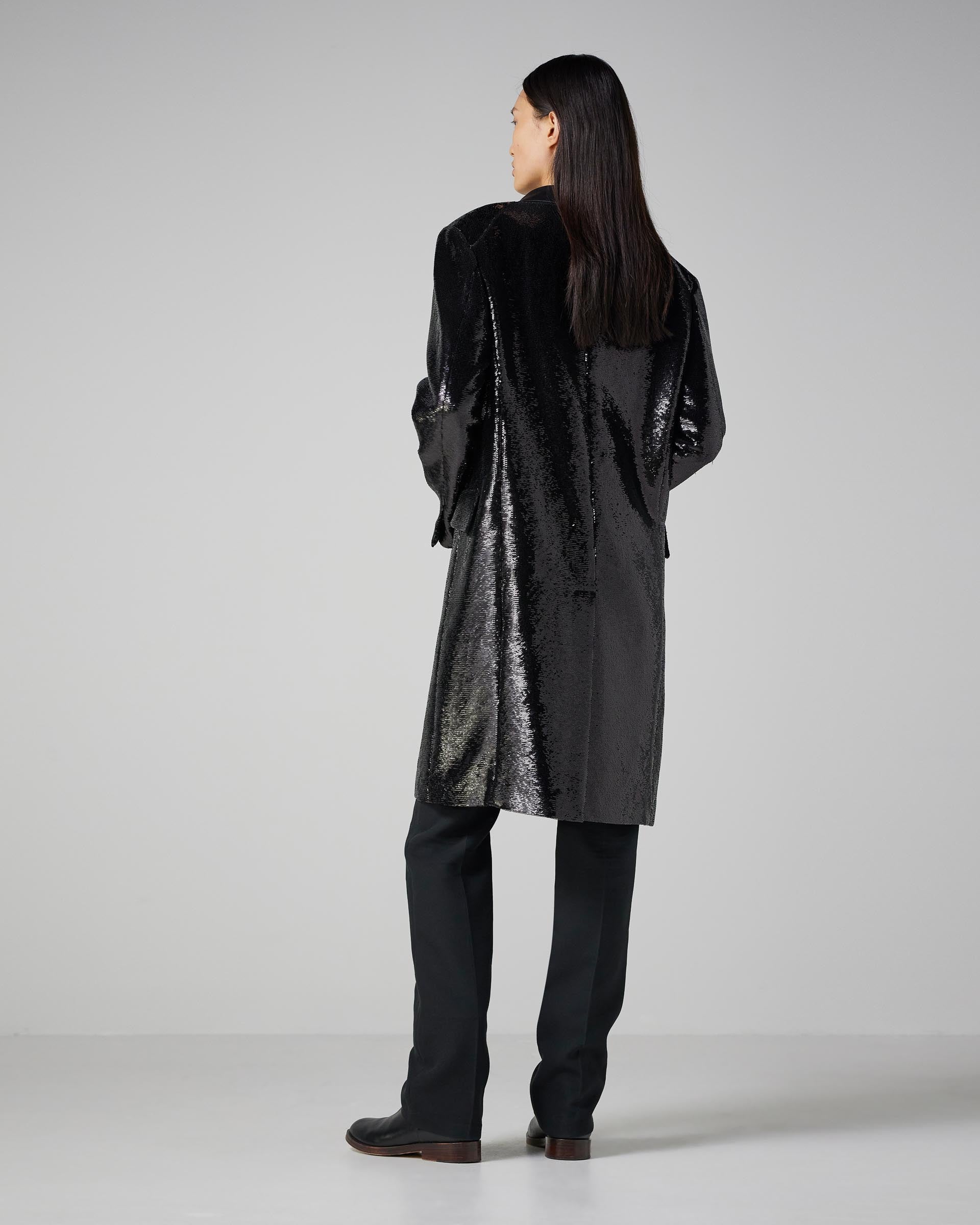 Black Arlo coat with flat sequins, featuring a stylish design perfect for evening wear and outerwear.