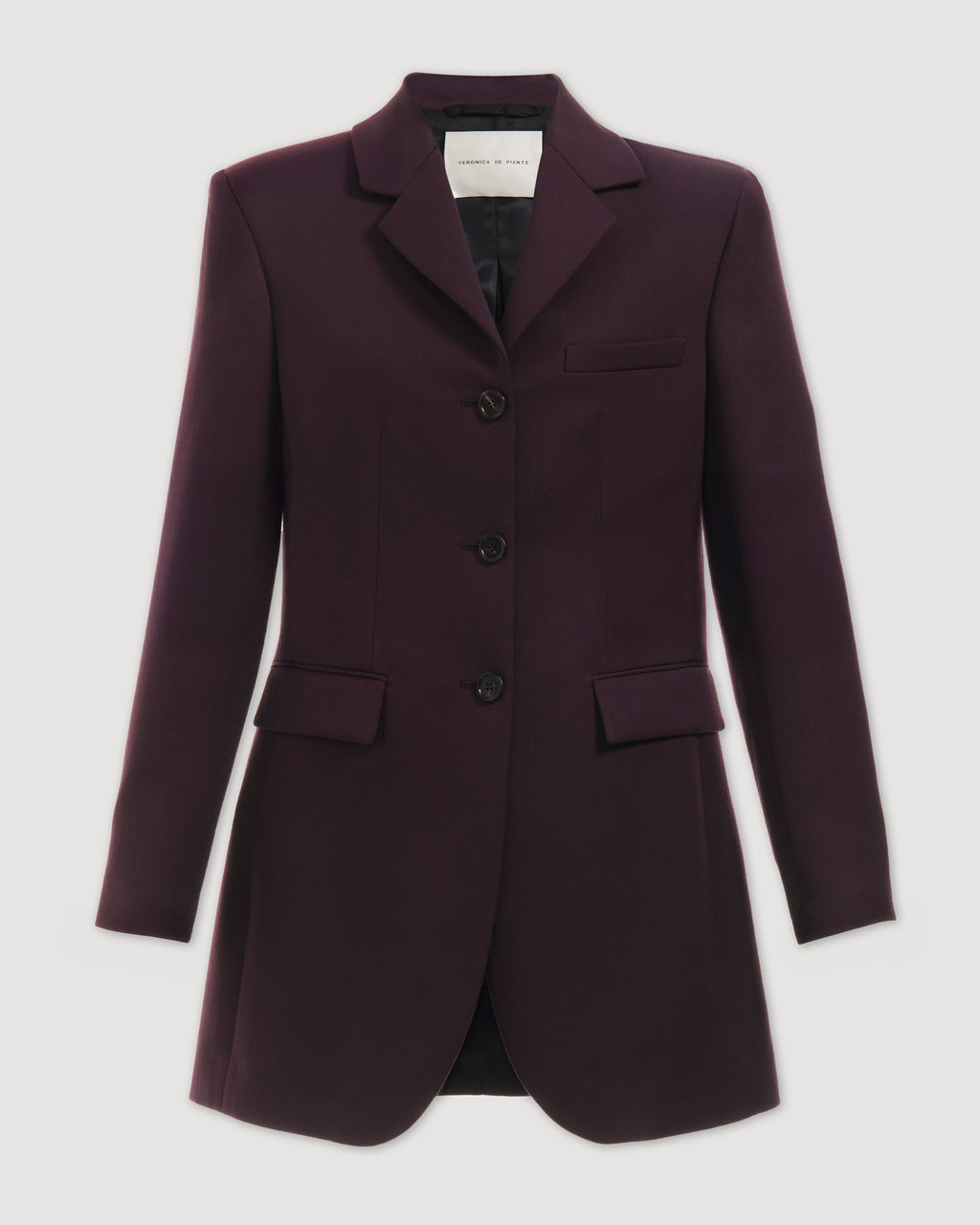 Deep plum Fini jacket in wool by Veronica De Piante, showcasing a stylish design and tailored fit.