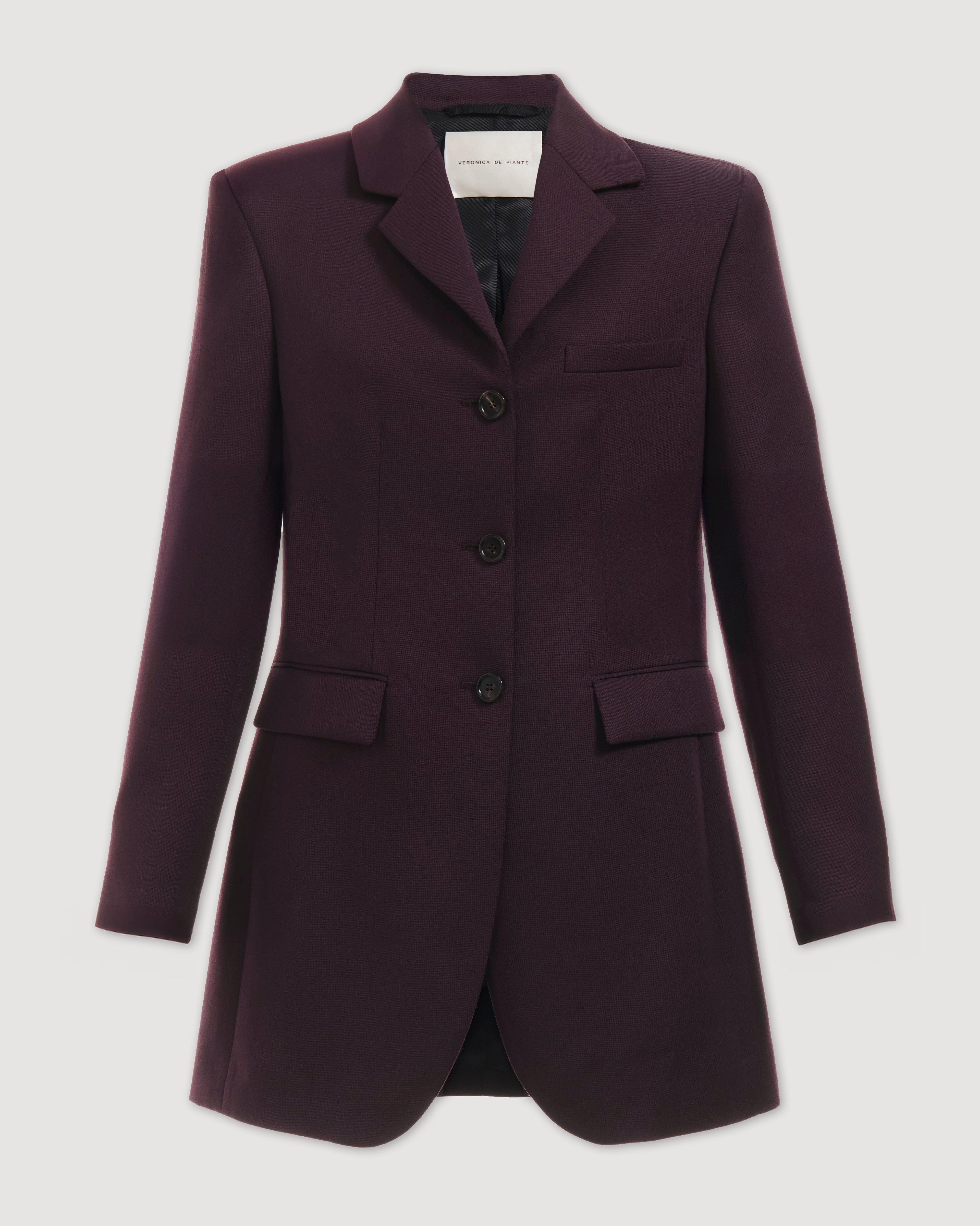 Deep plum Fini jacket in wool by Veronica De Piante, showcasing a stylish design and tailored fit.