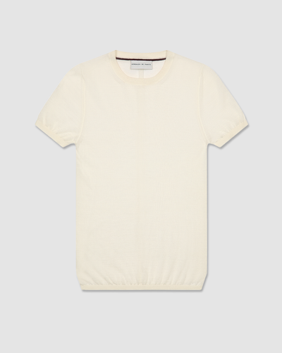 Veronica De Piante Bea Knit Top in superfine merino wool, off-white, displayed on a mannequin, showcasing its cozy, fitted design.