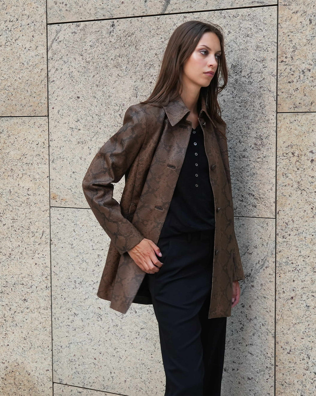 Veronica De Piante Chiara Coat in camel snake print leather, stylish coat with textured pattern and tailored fit.