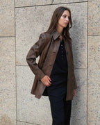 Veronica De Piante Chiara Coat in camel snake print leather, stylish coat with textured pattern and tailored fit.
