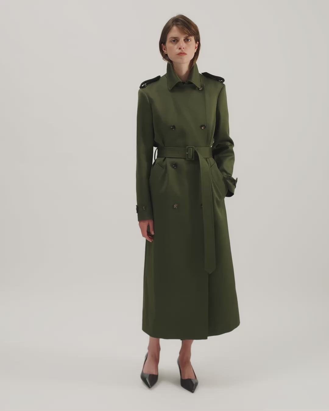 Amara Trench Coat in Cotton, Olive