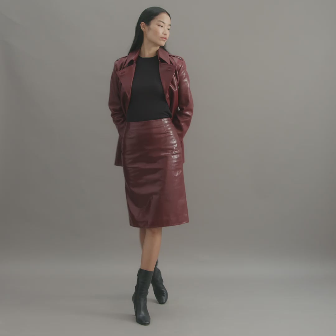Charlotte Trench in Embossed Leather, Dark Red