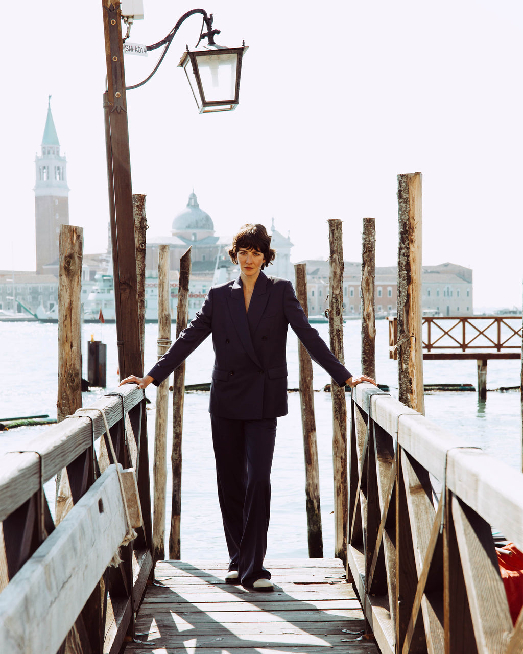 Roman Double Breasted Wool Jacket in Petrol Blue by Veronica De Piante, featuring classic design and tailored fit.