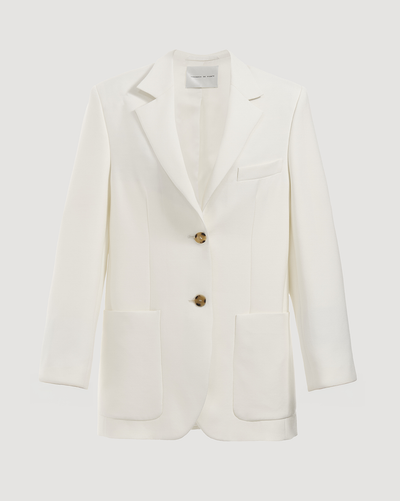 Luxury off-white Sebastian pure silk blazer. Italian tailored jacket with horn buttons, fluid drape, and clean patch pockets