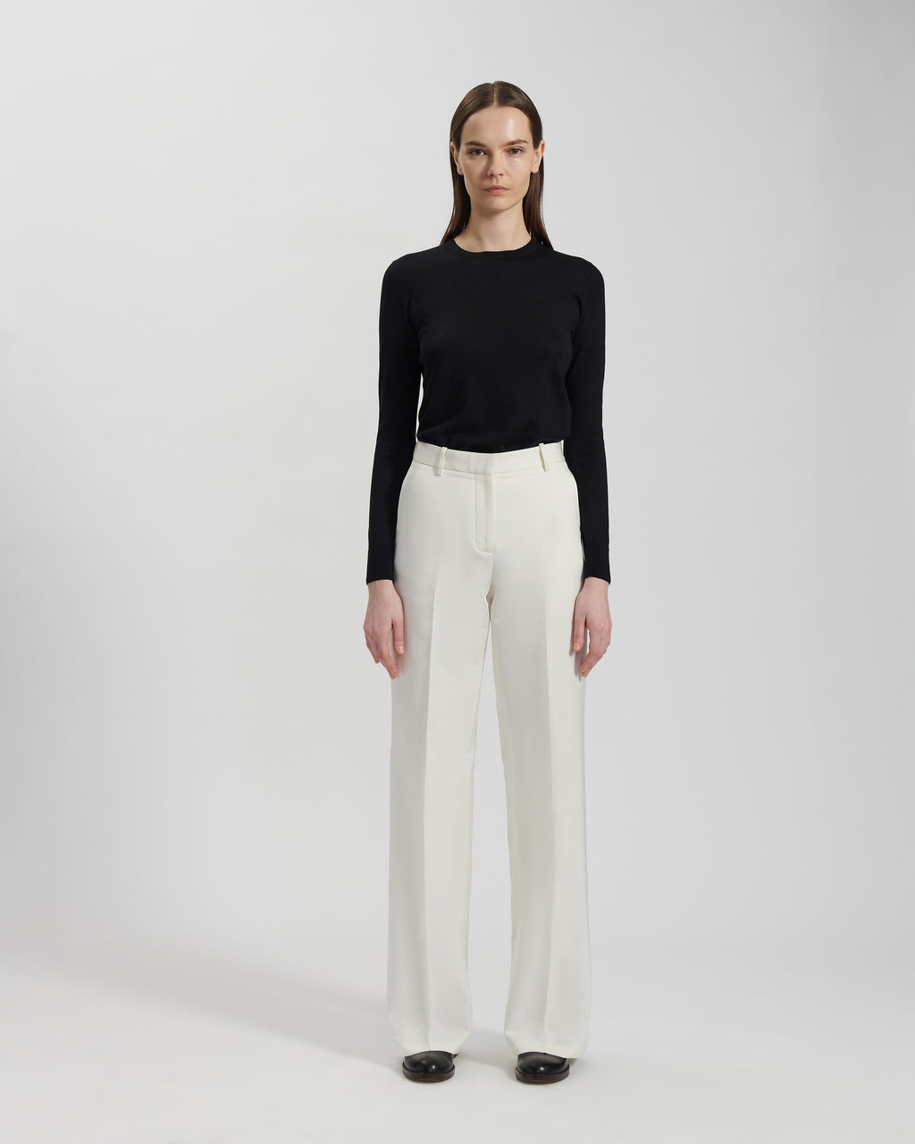 Anya Trousers: White Peau De Soie mid-rise wide leg women's trousers with slash pockets