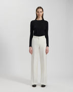 Anya Trousers: White Peau De Soie mid-rise wide leg women's trousers with slash pockets